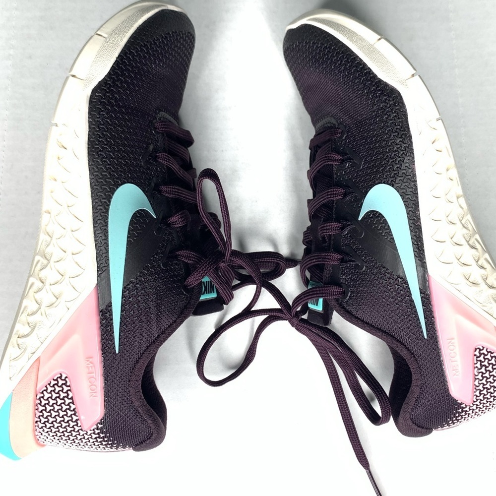 Nike Women's Dark Plum Sneakers with Teal Swoosh and Pink Accents